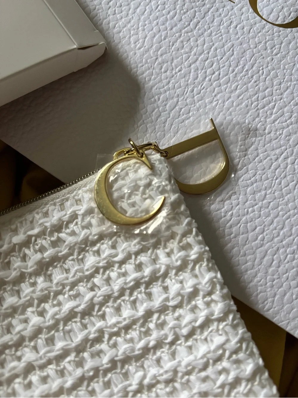 Dior White Woven Clutch with Yellow Logo